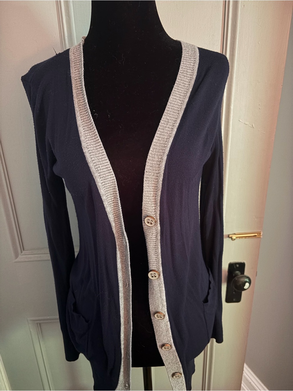 Women's Navy Cardigan with Light Gray Trim vintage DEX size xs